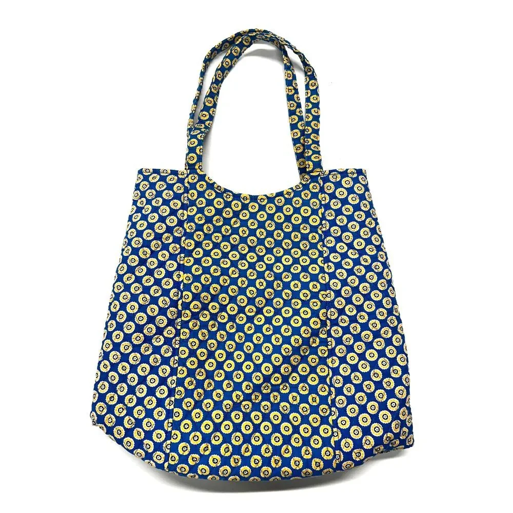 VERA BRADLEY Tote Bag Riviera Blue‎ Yellow Flower Pockets Quilted Snap Closure